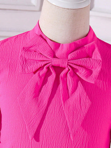 Mexican Children Day Dopamine Pink Fashionable A-Line Dress With Ruffle Hem And Bowknot For Toddler Girls