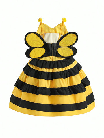 Mexican Children Day Girls" Cute Bee Shape Smiling Face Contrast Color 3D Wing Cake Dress Formal Dress Suitable For Performance Summer