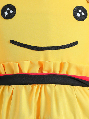 Mexican Children Day Girls" Cute Bee Shape Smiling Face Contrast Color 3D Wing Cake Dress Formal Dress Suitable For Performance Summer