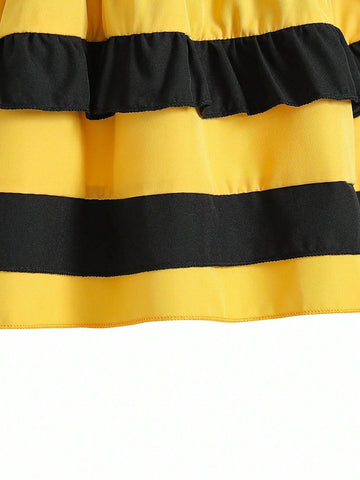 Mexican Children Day Girls" Cute Bee Shape Smiling Face Contrast Color 3D Wing Cake Dress Formal Dress Suitable For Performance Summer