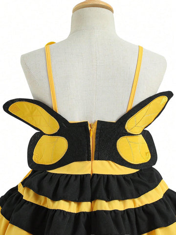 Mexican Children Day Girls" Cute Bee Shape Smiling Face Contrast Color 3D Wing Cake Dress Formal Dress Suitable For Performance Summer