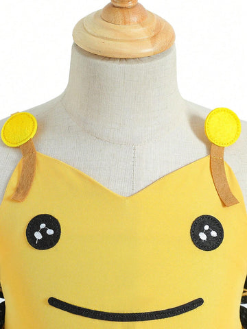 Mexican Children Day Girls" Cute Bee Shape Smiling Face Contrast Color 3D Wing Cake Dress Formal Dress Suitable For Performance Summer