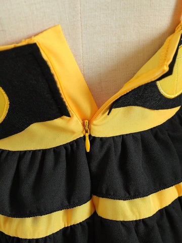 Mexican Children Day Girls" Cute Bee Shape Smiling Face Contrast Color 3D Wing Cake Dress Formal Dress Suitable For Performance Summer