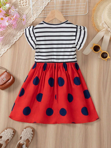 Mexican Children Day Summer Young Girls' Lovely Ladybug Striped Polka Dot Printed Flouncing Dress