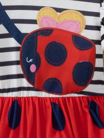Mexican Children Day Summer Young Girls' Lovely Ladybug Striped Polka Dot Printed Flouncing Dress