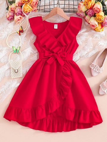 Mexican Children's Day Girls' Toddler Dress, Ruffle Irregular Hem Princess Dress In Dopamine Red Color, Baby Dress