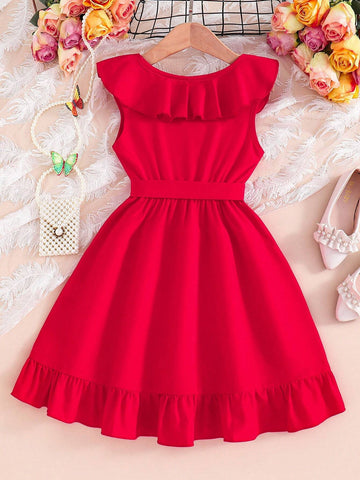 Mexican Children's Day Girls' Toddler Dress, Ruffle Irregular Hem Princess Dress In Dopamine Red Color, Baby Dress