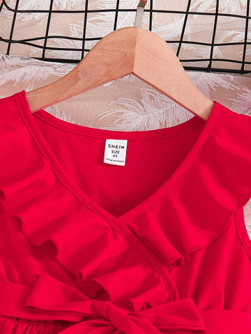 Mexican Children's Day Girls' Toddler Dress, Ruffle Irregular Hem Princess Dress In Dopamine Red Color, Baby Dress