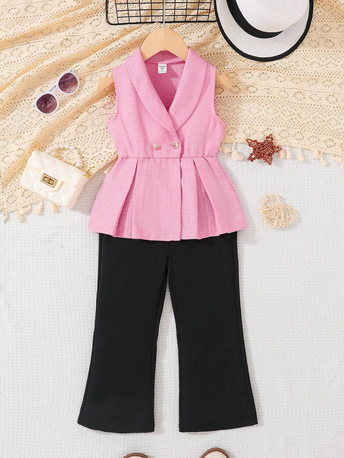 Mexican Girls' Pink Fabric Sleeveless Top With Buttons And Hand-Pleated Skirt Hem Black Flare Jumpsuit For Summer