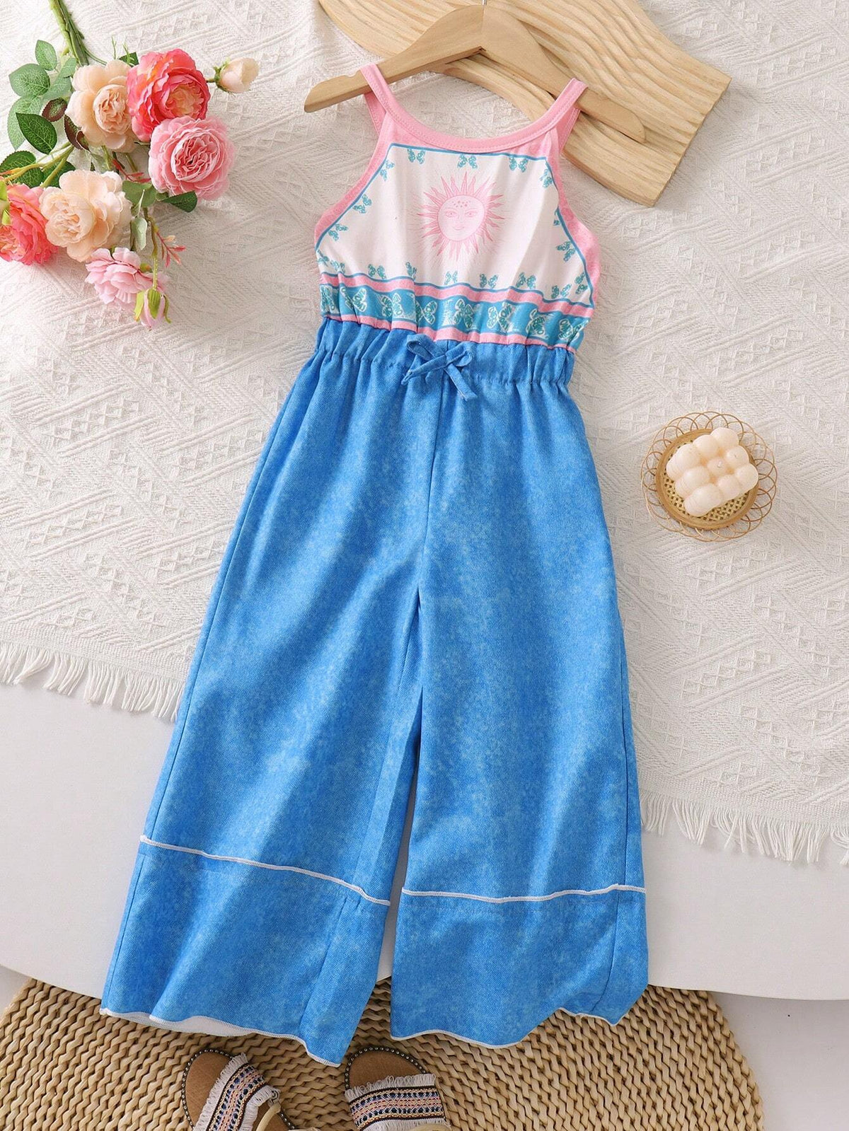 Mexico Children Day New Summer Jumpsuit For Girls, Colorful Fashionable Dope Neck Hanging Pink Top, Digital Print Denim Patchwork Pants, Versatile Style For Changeable Seasons