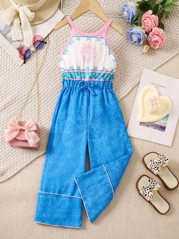 Mexico Children Day New Summer Jumpsuit For Girls, Colorful Fashionable Dope Neck Hanging Pink Top, Digital Print Denim Patchwork Pants, Versatile Style For Changeable Seasons
