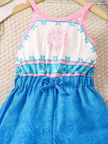 Mexico Children Day New Summer Jumpsuit For Girls, Colorful Fashionable Dope Neck Hanging Pink Top, Digital Print Denim Patchwork Pants, Versatile Style For Changeable Seasons