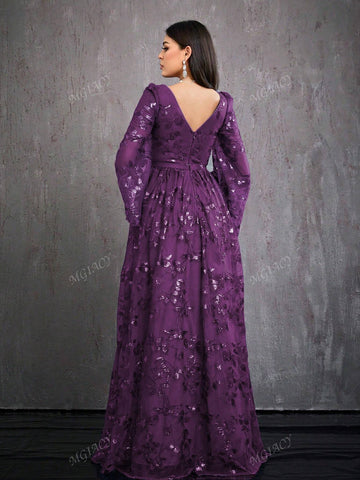 V-Neck Embroidered Sequin Long Sleeve Split High-End Evening Dress