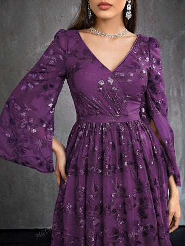 V-Neck Embroidered Sequin Long Sleeve Split High-End Evening Dress