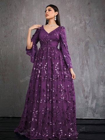 V-Neck Embroidered Sequin Long Sleeve Split High-End Evening Dress