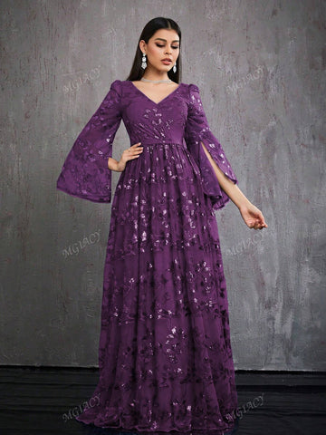 V-Neck Embroidered Sequin Long Sleeve Split High-End Evening Dress