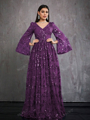 V-Neck Embroidered Sequin Long Sleeve Split High-End Evening Dress