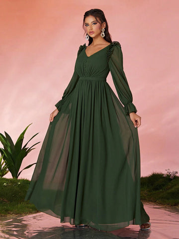 Mgiacv V-Neck Ruched Frill Lantern Sleeve Long Chiffon Dress With Wide Hem