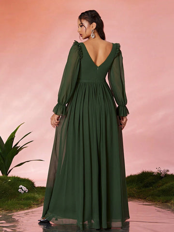 Mgiacv V-Neck Ruched Frill Lantern Sleeve Long Chiffon Dress With Wide Hem
