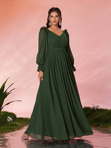 Mgiacv V-Neck Ruched Frill Lantern Sleeve Long Chiffon Dress With Wide Hem
