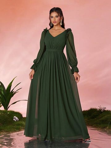 Mgiacv V-Neck Ruched Frill Lantern Sleeve Long Chiffon Dress With Wide Hem