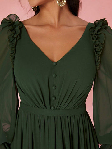 Mgiacv V-Neck Ruched Frill Lantern Sleeve Long Chiffon Dress With Wide Hem