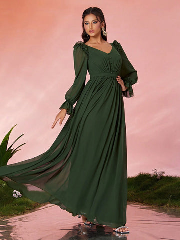 Mgiacv V-Neck Ruched Frill Lantern Sleeve Long Chiffon Dress With Wide Hem