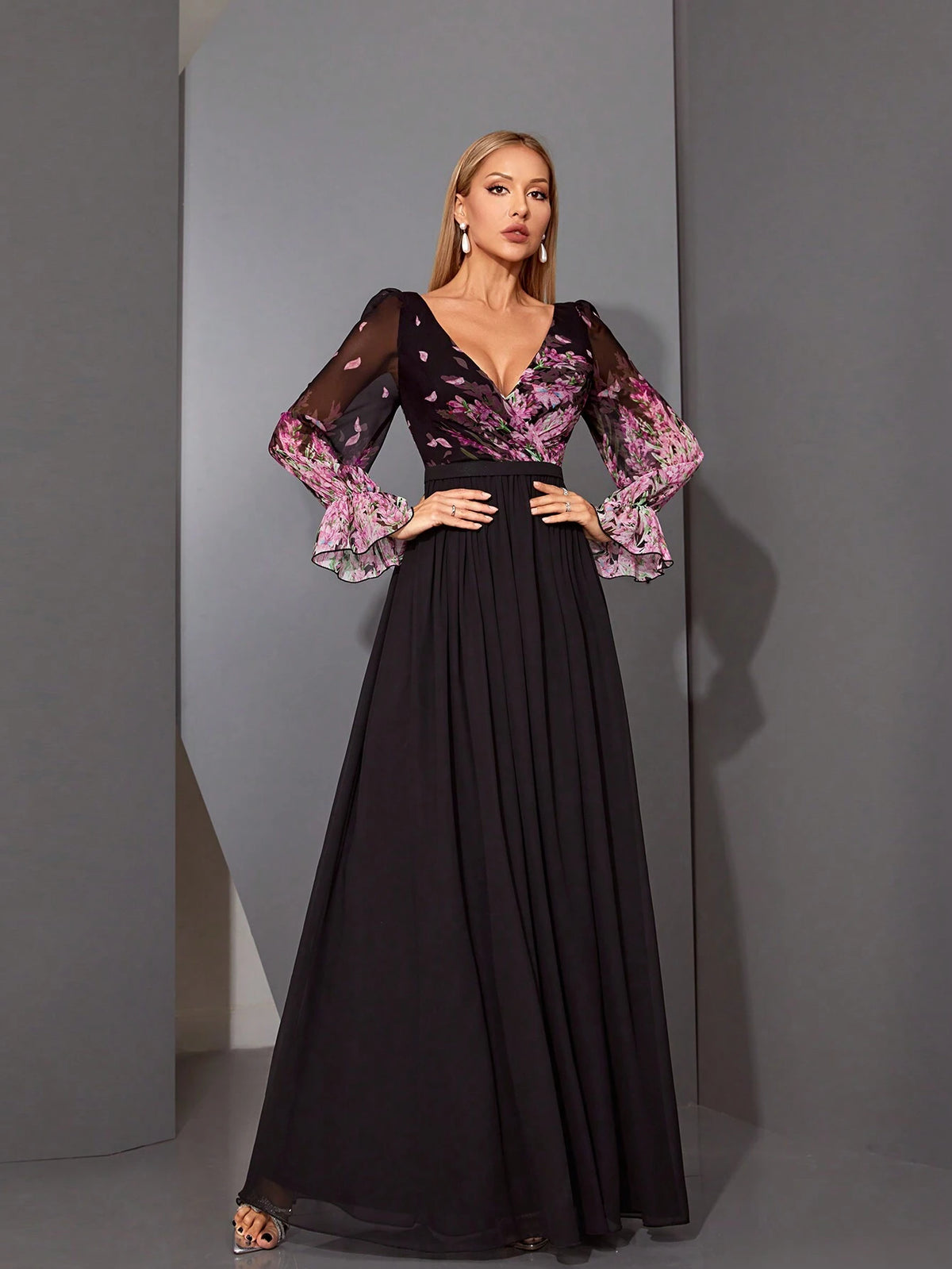 MgiacyV-Neck Romantic Floral-Print Asymmetrical Cross-Over Pleated Chiffon Long Sleeve Dress