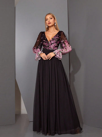 MgiacyV-Neck Romantic Floral-Print Asymmetrical Cross-Over Pleated Chiffon Long Sleeve Dress