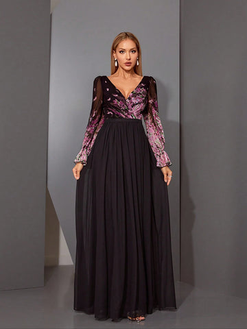 MgiacyV-Neck Romantic Floral-Print Asymmetrical Cross-Over Pleated Chiffon Long Sleeve Dress