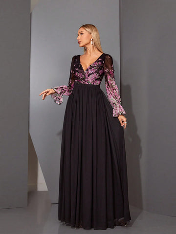 MgiacyV-Neck Romantic Floral-Print Asymmetrical Cross-Over Pleated Chiffon Long Sleeve Dress