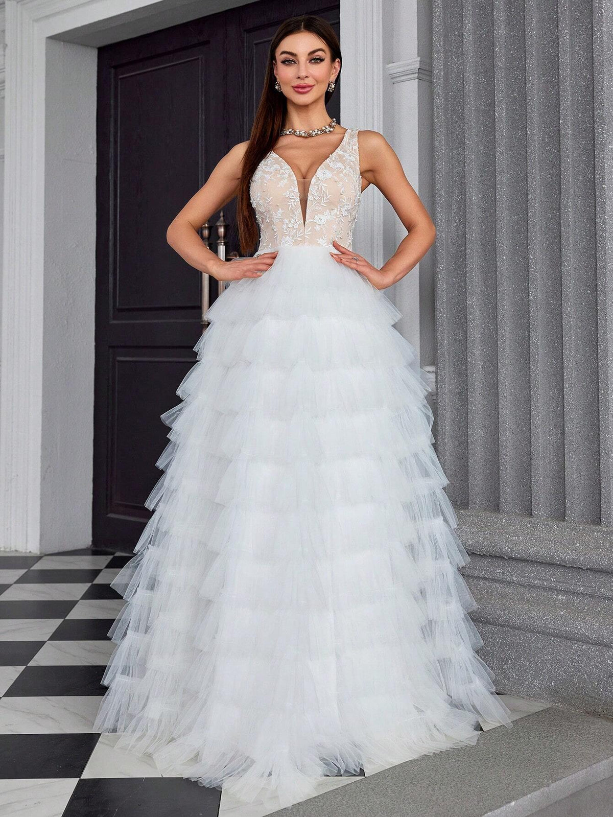 MgiacyV Collar Embroidered Lace Handmade Beaded Mesh Layered Cake Wedding Dress With Color Collision And Multi-Layer Swing Skirt