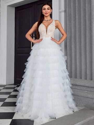 MgiacyV Collar Embroidered Lace Handmade Beaded Mesh Layered Cake Wedding Dress With Color Collision And Multi-Layer Swing Skirt