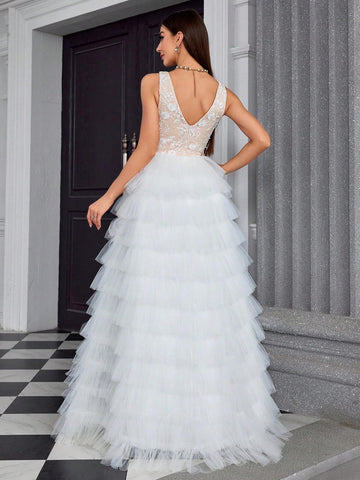 MgiacyV Collar Embroidered Lace Handmade Beaded Mesh Layered Cake Wedding Dress With Color Collision And Multi-Layer Swing Skirt