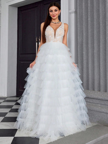 MgiacyV Collar Embroidered Lace Handmade Beaded Mesh Layered Cake Wedding Dress With Color Collision And Multi-Layer Swing Skirt