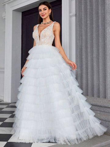 MgiacyV Collar Embroidered Lace Handmade Beaded Mesh Layered Cake Wedding Dress With Color Collision And Multi-Layer Swing Skirt