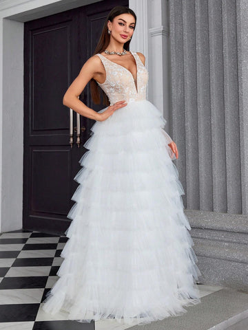 MgiacyV Collar Embroidered Lace Handmade Beaded Mesh Layered Cake Wedding Dress With Color Collision And Multi-Layer Swing Skirt