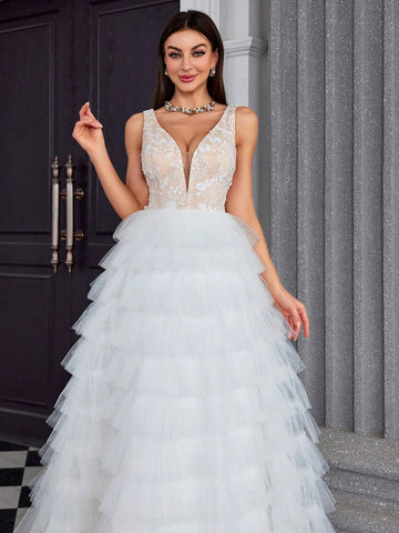 MgiacyV Collar Embroidered Lace Handmade Beaded Mesh Layered Cake Wedding Dress With Color Collision And Multi-Layer Swing Skirt