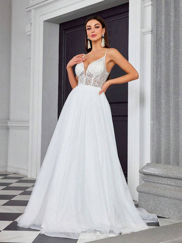 Mgiacy V Neckline Embroidered Lace Sparkling Cup Bust Sheer Net Big Hem Wedding Dress