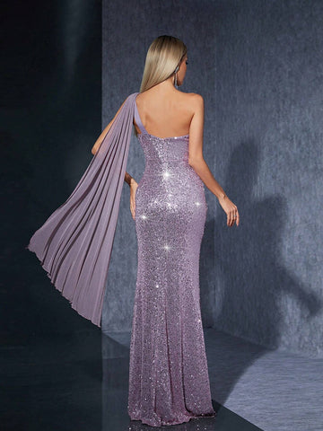 Mgiacy Asymmetrical Folding Shoulder, Middle Hollow Out, Back Drape, Scarf Splice, Sequined, Slim, Sexy, Fish Tail Hem, Maxi Dress
