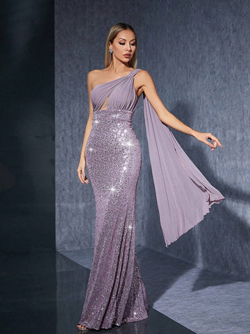 Mgiacy Asymmetrical Folding Shoulder, Middle Hollow Out, Back Drape, Scarf Splice, Sequined, Slim, Sexy, Fish Tail Hem, Maxi Dress