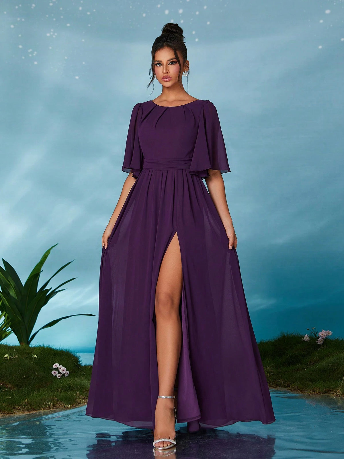 Mgiacy Crew Neck Pearl Chiffon Mid-Sleeve Hollow Out Belt Front Slit High-End Evening Dress