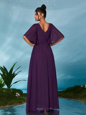 Mgiacy Crew Neck Pearl Chiffon Mid-Sleeve Hollow Out Belt Front Slit High-End Evening Dress