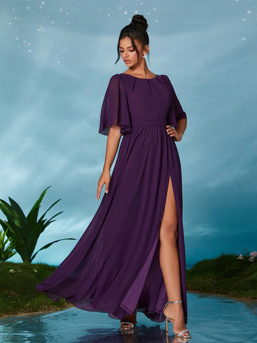 Mgiacy Crew Neck Pearl Chiffon Mid-Sleeve Hollow Out Belt Front Slit High-End Evening Dress