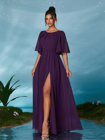 Mgiacy Crew Neck Pearl Chiffon Mid-Sleeve Hollow Out Belt Front Slit High-End Evening Dress