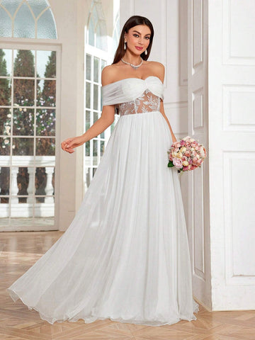 Mgiacy Elegant Off-Shoulder Ruffled Embroidered Lace Sheer Splicing Chiffon Bridal Shower Dress