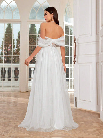 Mgiacy Elegant Off-Shoulder Ruffled Embroidered Lace Sheer Splicing Chiffon Bridal Shower Dress