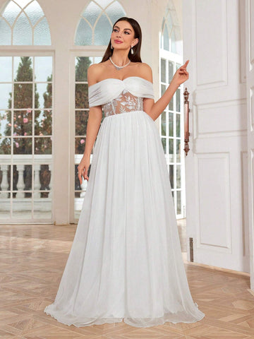 Mgiacy Elegant Off-Shoulder Ruffled Embroidered Lace Sheer Splicing Chiffon Bridal Shower Dress