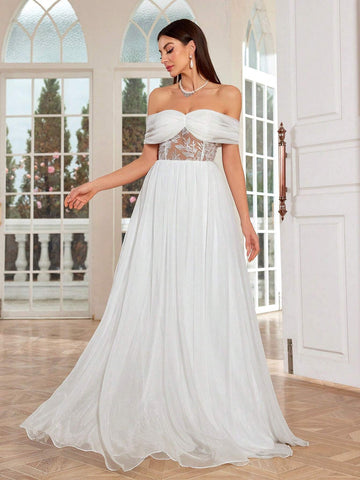 Mgiacy Elegant Off-Shoulder Ruffled Embroidered Lace Sheer Splicing Chiffon Bridal Shower Dress