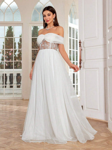 Mgiacy Elegant Off-Shoulder Ruffled Embroidered Lace Sheer Splicing Chiffon Bridal Shower Dress